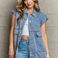 Collared Neck Sleeveless Denim Top with Pockets - DAVERRI FASHIONS