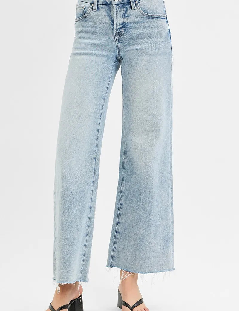 RISEN Full Size Tummy Control Low Rise Wide Leg Raw Cut Hem Jeans Plus Size | Jeans Daverri Fashions