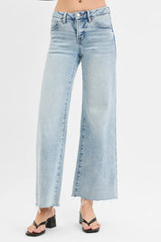 RISEN Full Size Tummy Control Low Rise Wide Leg Raw Cut Hem Jeans Plus Size | Jeans Daverri Fashions