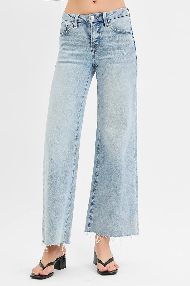 RISEN Full Size Tummy Control Low Rise Wide Leg Raw Cut Hem Jeans Plus Size Jeans