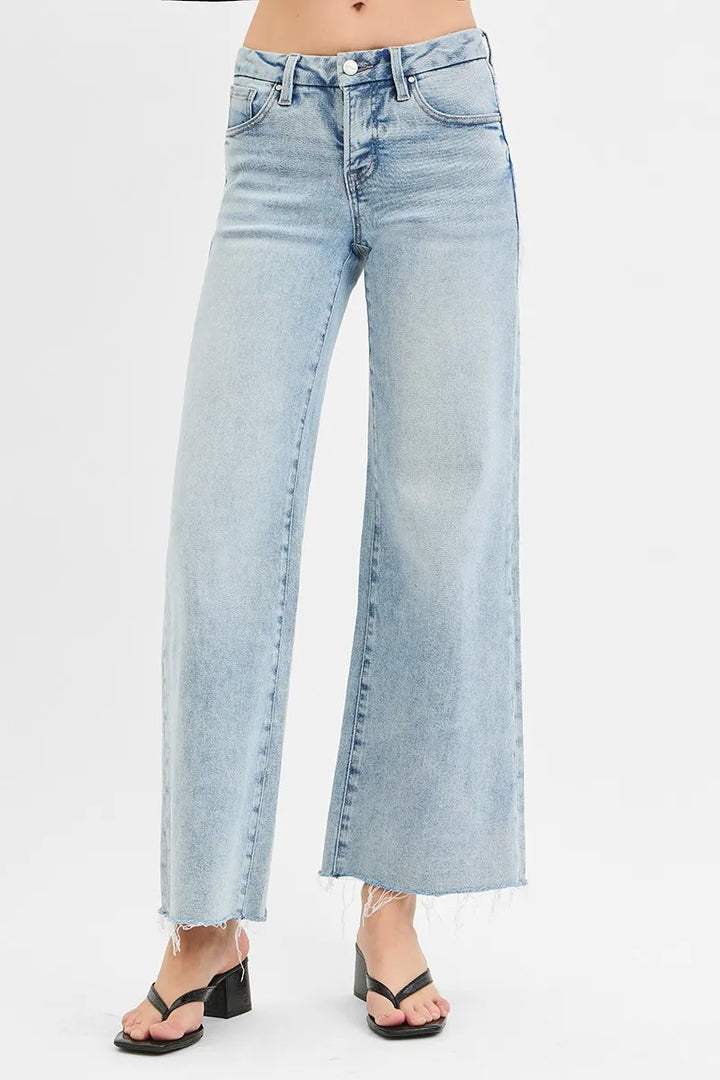 RISEN Full Size Tummy Control Low Rise Wide Leg Raw Cut Hem Jeans Plus Size Jeans