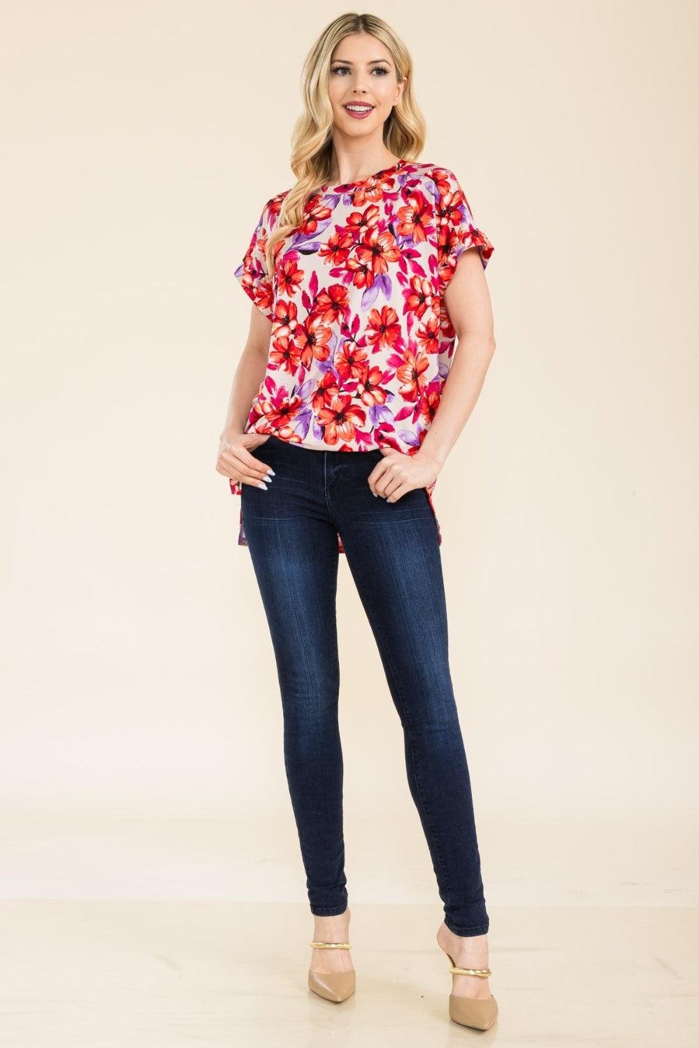 Round Neck Short Sleeve Floral Top Shirts & Tops