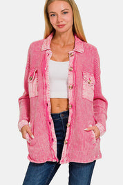 Zenana Waffle-Knit Button Up Dropped Shoulder Jacket FUCHSIA L