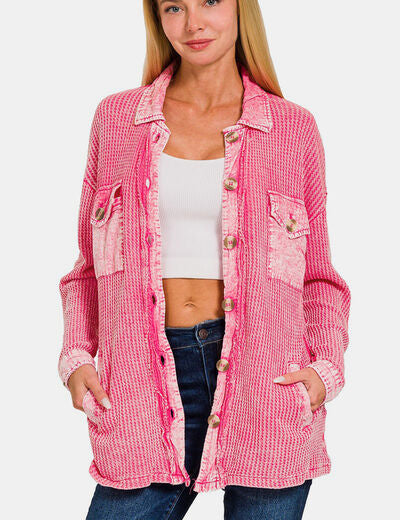 Zenana Waffle-Knit Button Up Dropped Shoulder Jacket FUCHSIA L