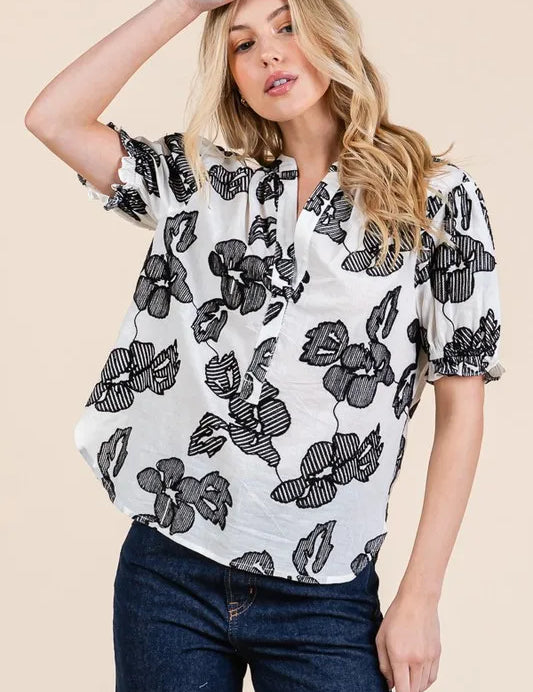 Lime 'N' Chili Embroidered Split Neck Puff Sleeve Blouse | Daverri Fashions
