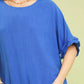 Vibrant royal blue Umgee linen top with short sleeves and frayed scallop hem