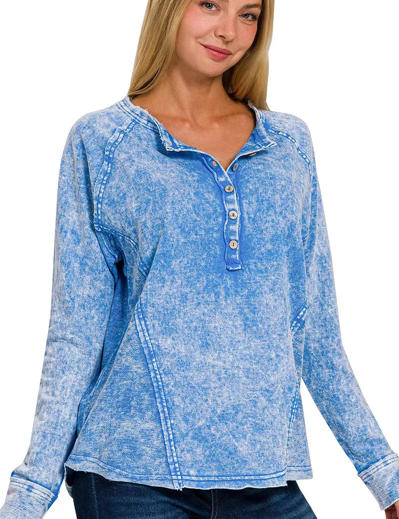 Zenana Washed French Terry Half Button Top | Tops Daverri Fashions