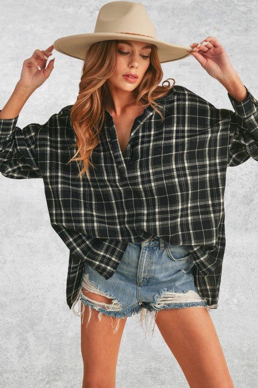 Aemi + Co Side Slit High-Low Plaid Long Sleeve Polo Shirt Black Shirts