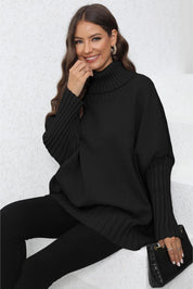 Black turtleneck sweater with bell sleeves and ribbed cuffs