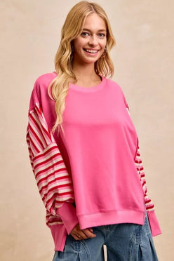Pink BiBi French terry sweatshirt with striped sleeves