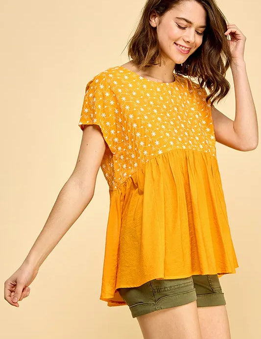 Lime 'N' Chili Embroidered Short Sleeve Pleated Babydoll Top | Tops Daverri Fashions