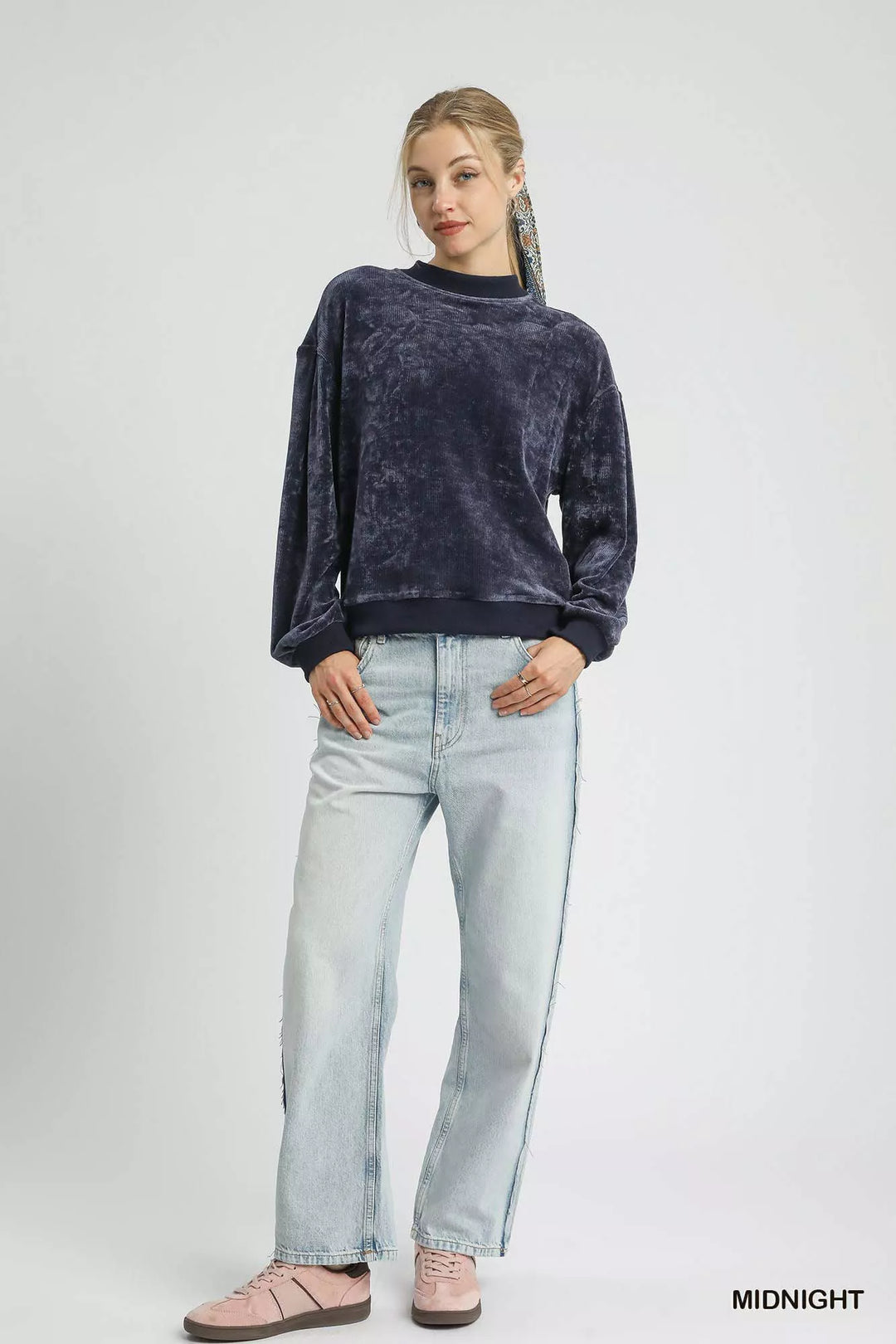 Umgee Velour Crewneck Balloon Sleeve Sweatshirt | Sweatshirts Daverri Fashions