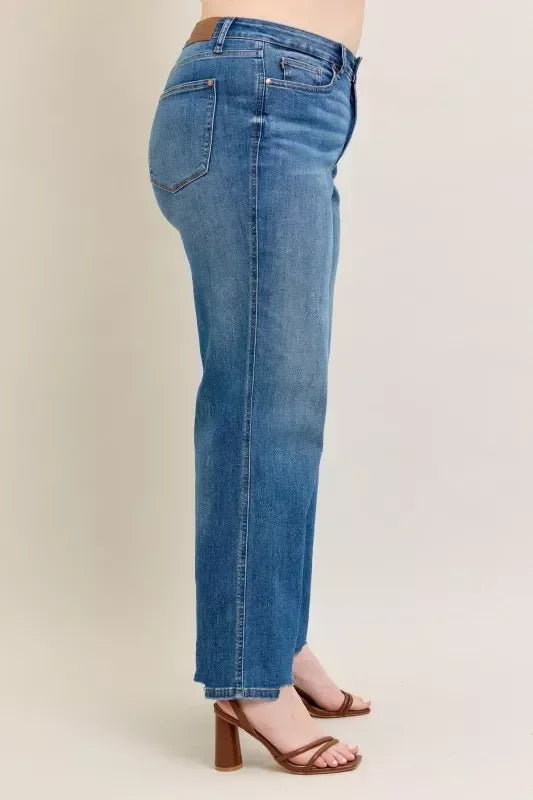 Judy Blue Full Size High Waist Tummy Control Chew Hem Destroy Wide Jeans Plus Size - DAVERRI FASHIONS