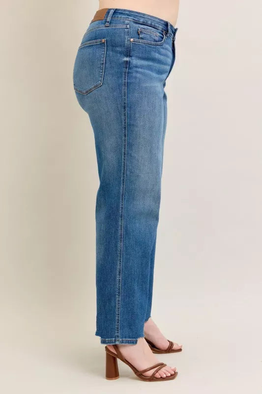 Judy Blue Full Size High Waist Tummy Control Chew Hem Destroy Wide Jeans Plus Size | Jeans Daverri Fashions