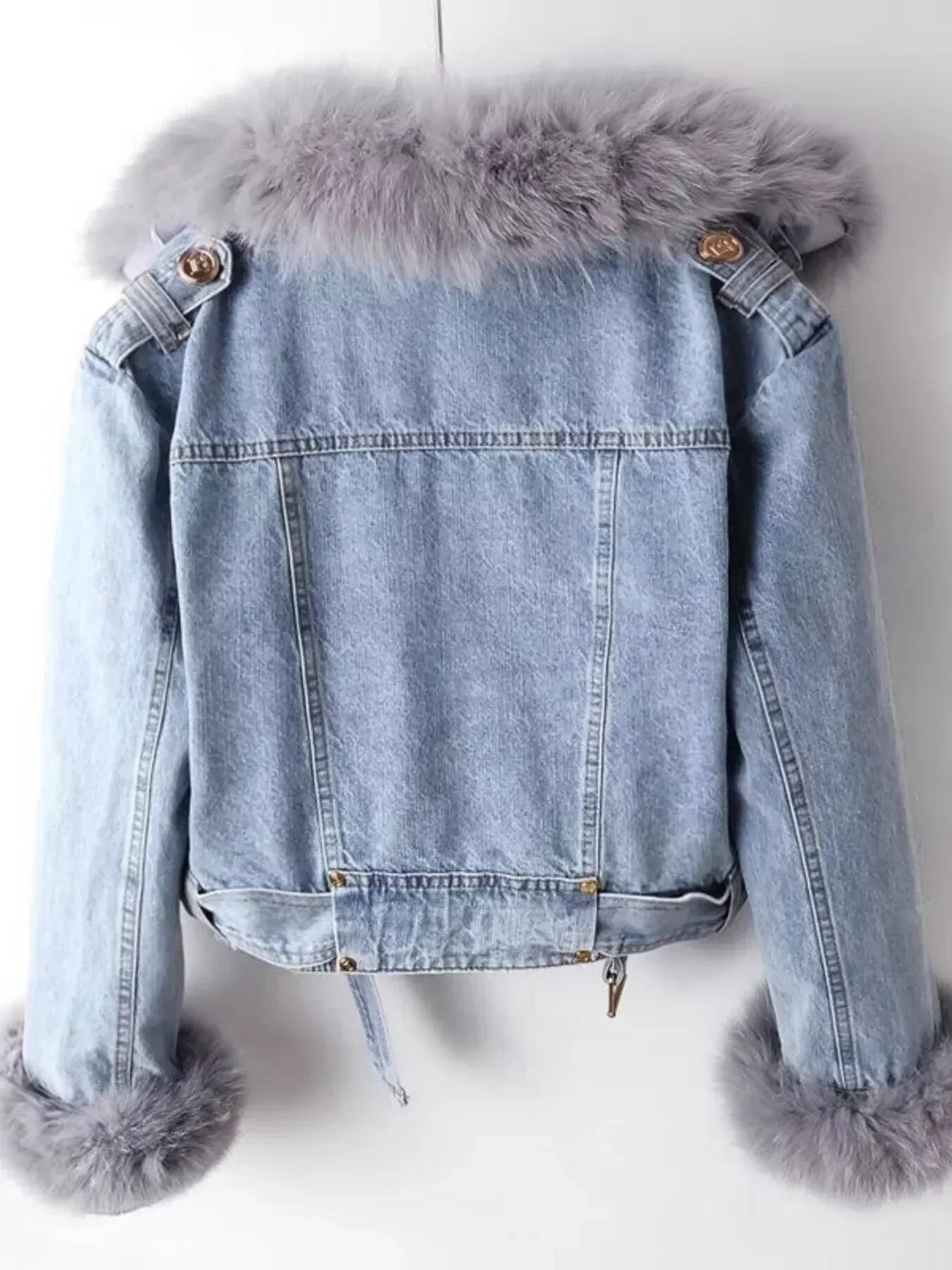 Full Size Faux Fur Collar Denim Jacket Plus Size - DAVERRI FASHIONS