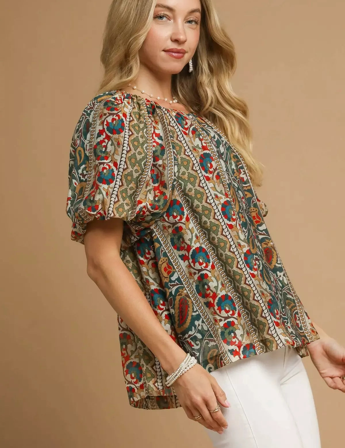 Umgee Boho Floral Stripe Puff Sleeve Blouse | Blouses Daverri Fashions