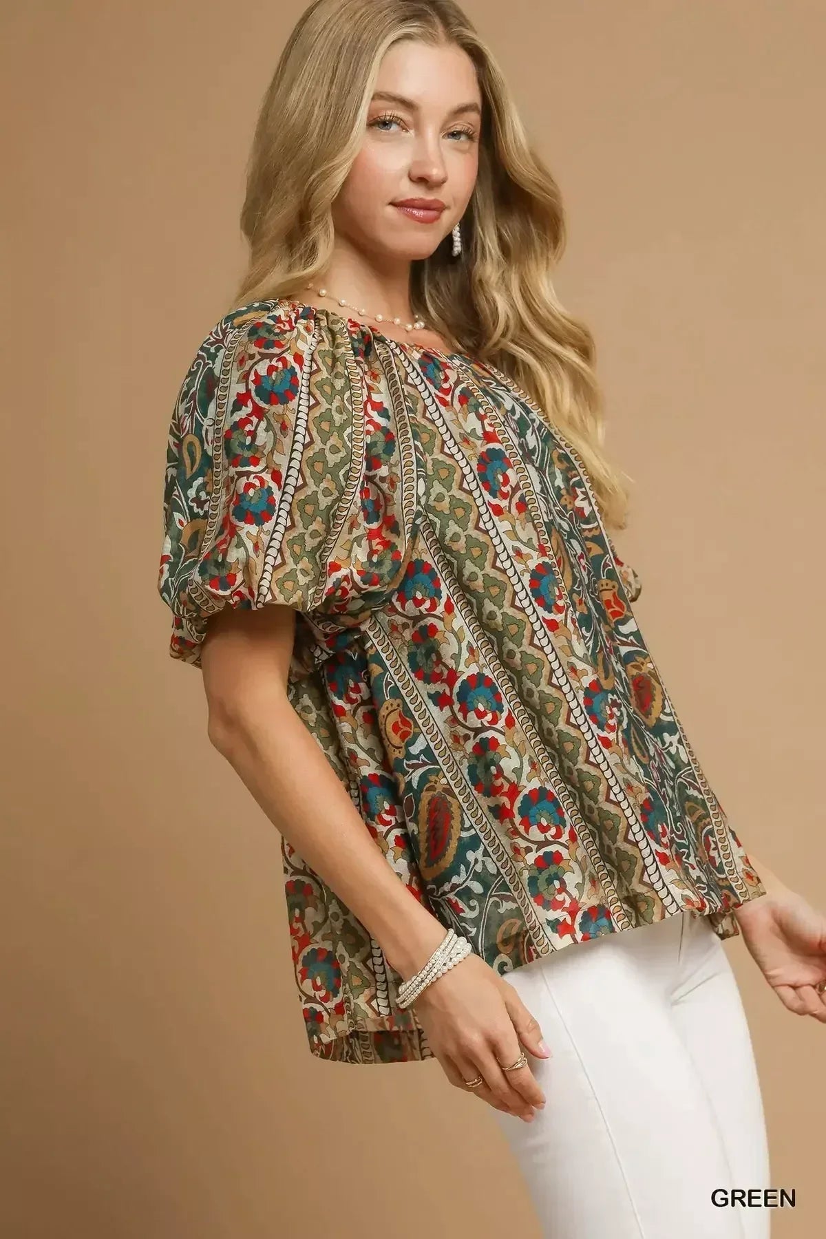 Umgee Boho Floral Stripe Puff Sleeve Blouse - DAVERRI FASHIONS