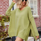 Slit V-Neck Dropped Shoulder Sweater - DAVERRI FASHIONS