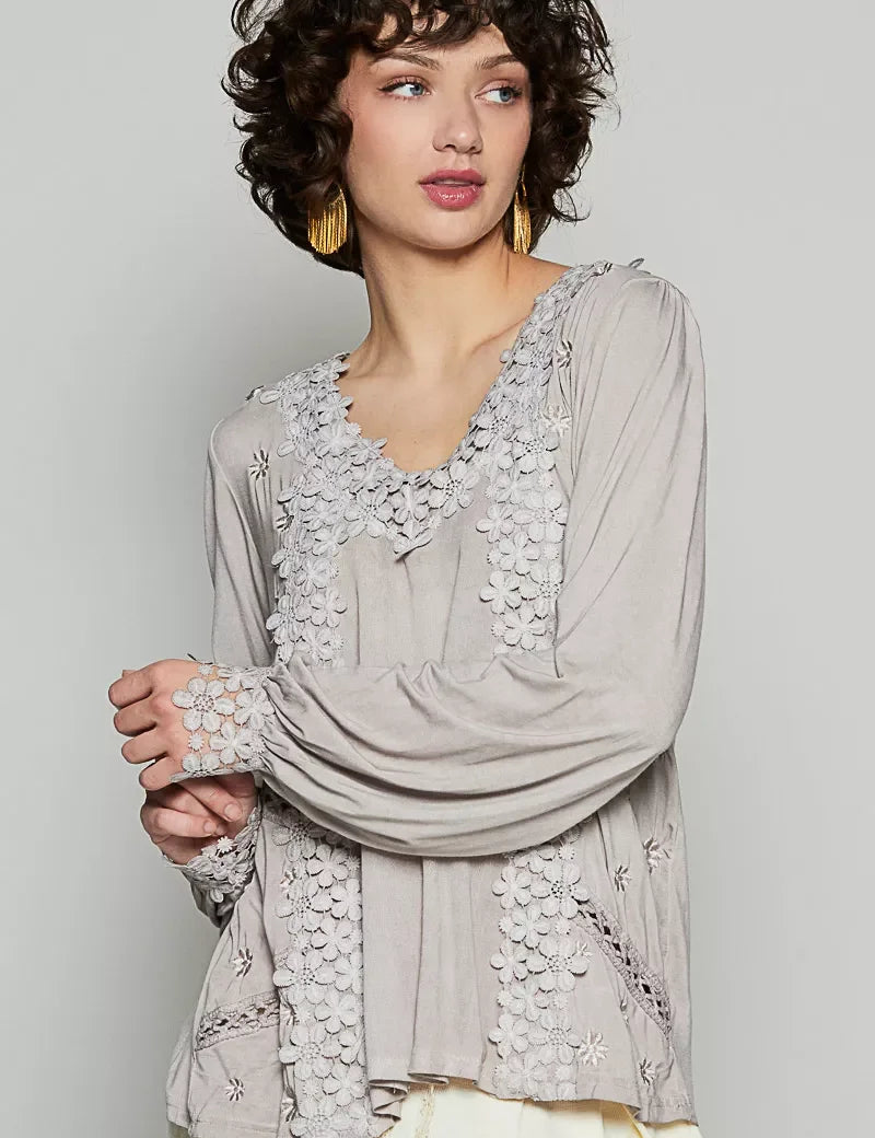 Light gray POL Floral Embroidery blouse with ruffled sleeves and V-neck