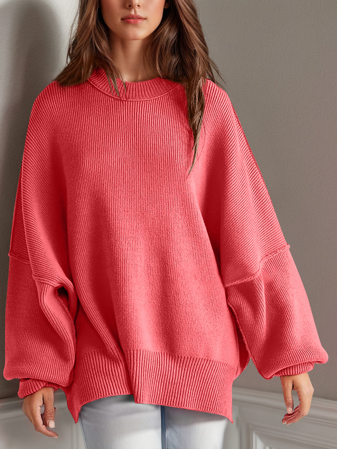 Side Slit Round Neck Long Sleeve Sweater Strawberry Tops