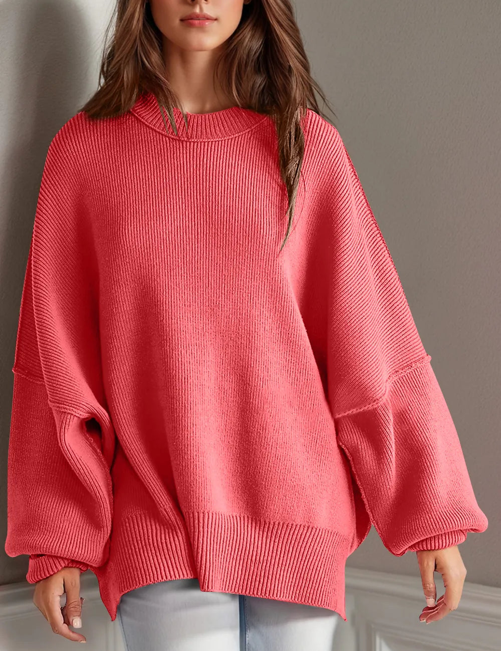 Strawberry Side Slit Round Neck Long Sleeve Sweater | Sweaters Daverri Fashions