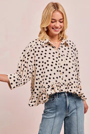 BiBi Polka Dot Printed Peplum Top with Front Button | Blouses Daverri Fashions