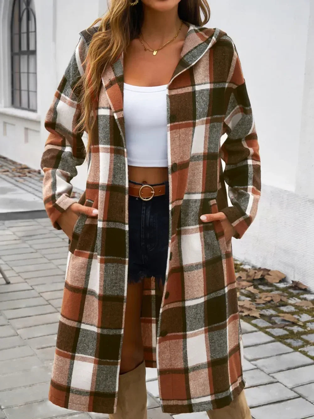 Devine Plaid Long Sleeve Hooded Coat - DAVERRI FASHIONS