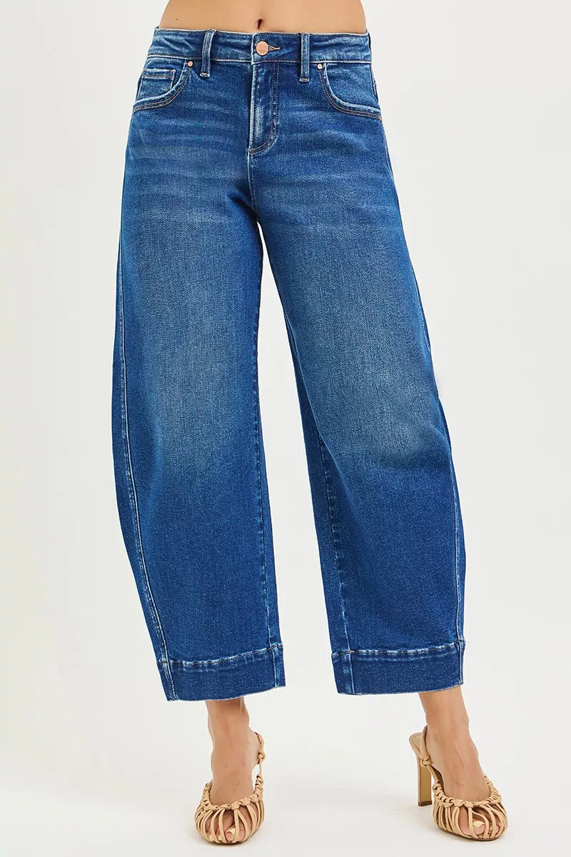 Blue denim wide-leg high-waist jeans with rolled cuffs by RISEN