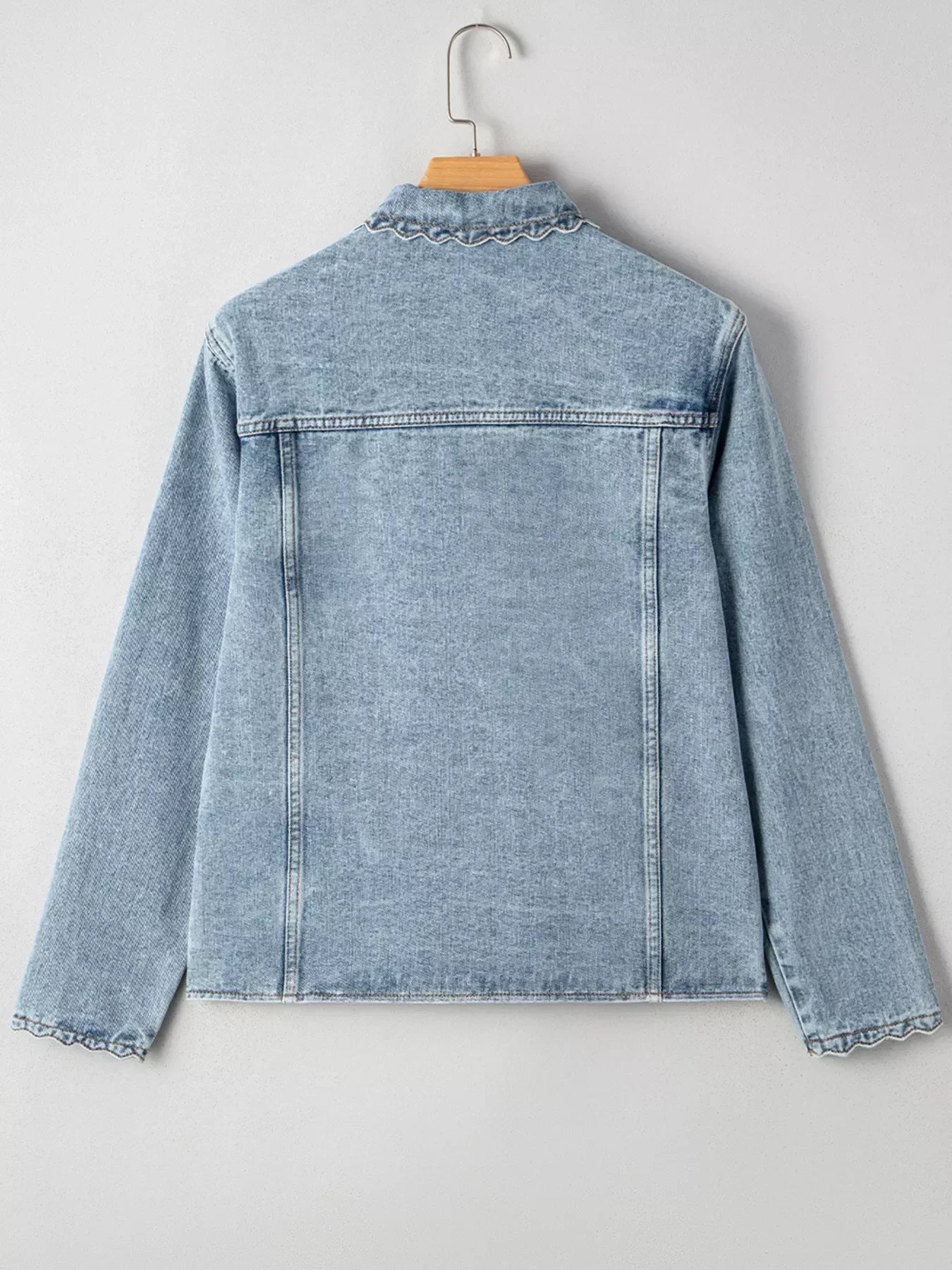 Scallop Trim Collar Patched Pocket Button Up Denim Jacket - DAVERRI FASHIONS