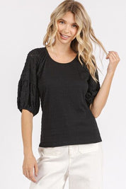 Mittoshop Mixed Media Textured Knit Popcorn Puff Sleeve Blouse