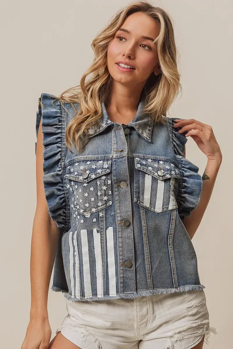 BiBi American Flag Washed Denim Jacket - DAVERRI FASHIONS