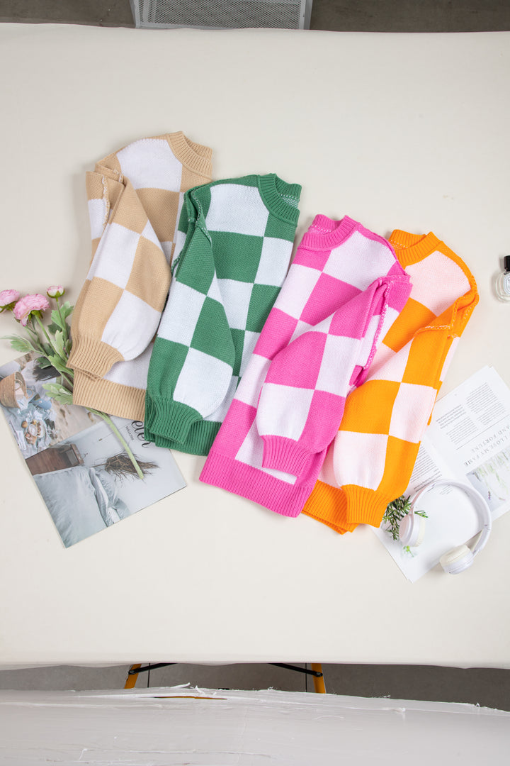 Checkered Bishop Sleeve Sweater | Sweaters Daverri Fashions