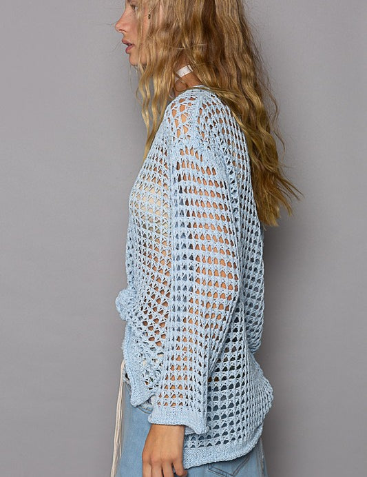 POL Side Slit Openwork Long Sleeve Knit Cover Up