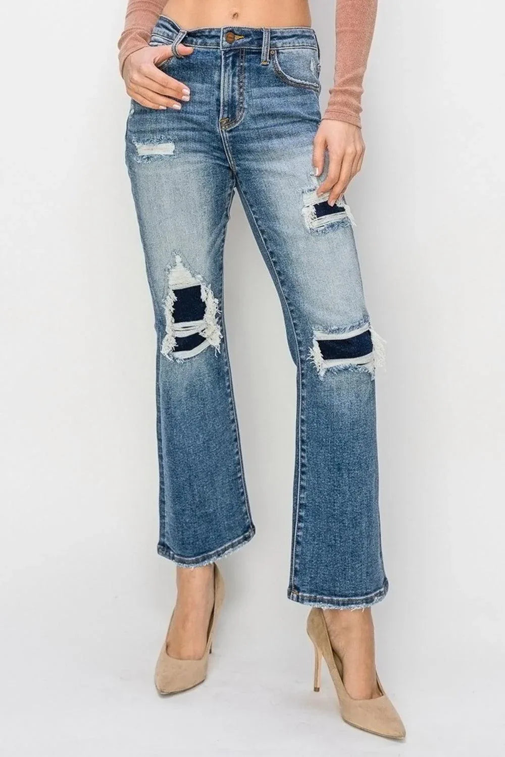 Risen Full Size High Rise Distressed Ankle Flare Jeans - DAVERRI FASHIONS