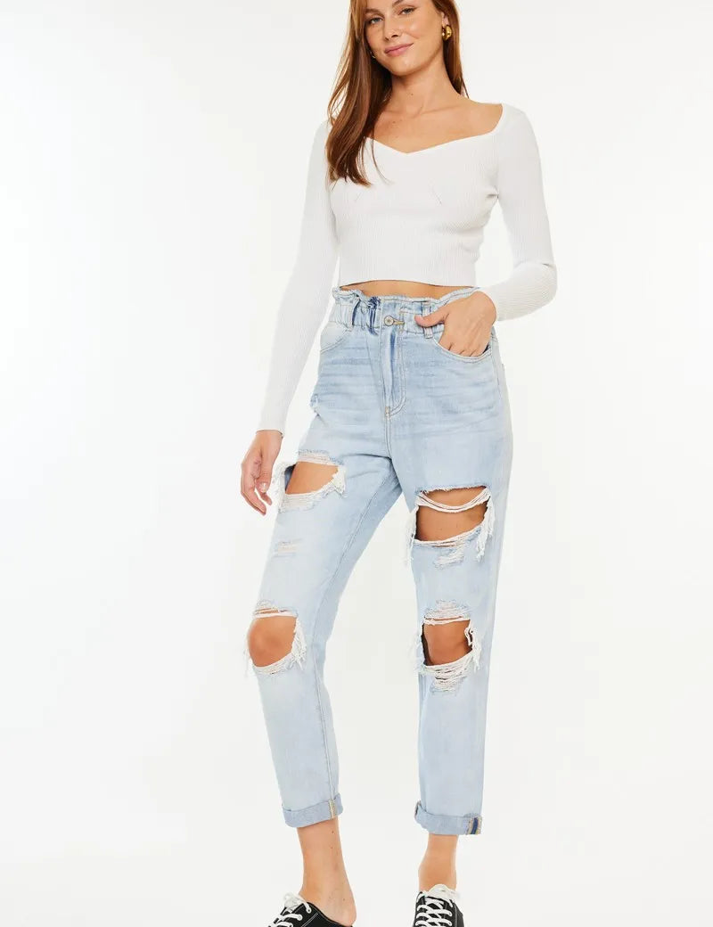 LIGHT Kancan Open Pack Paperbag Mom Jeans | Jeans Daverri Fashions