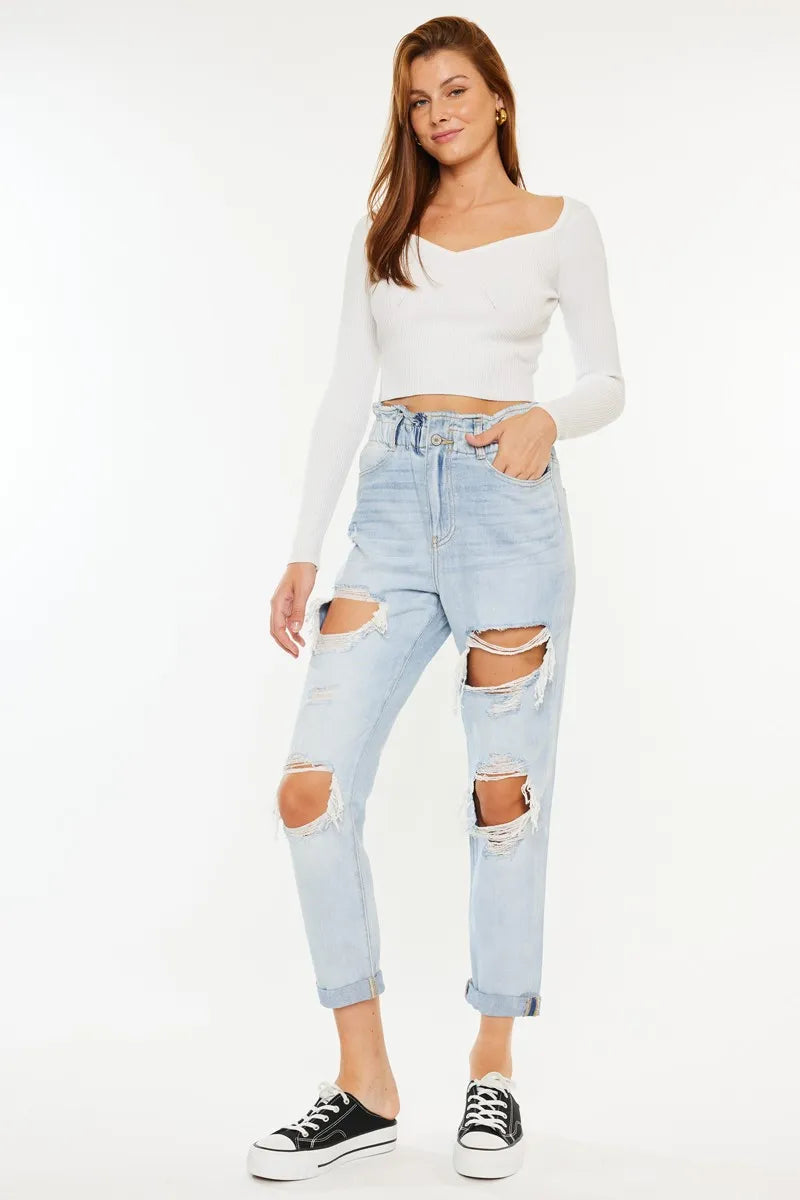 Kancan Open Pack Paperbag Mom Jeans LIGHT Jeans