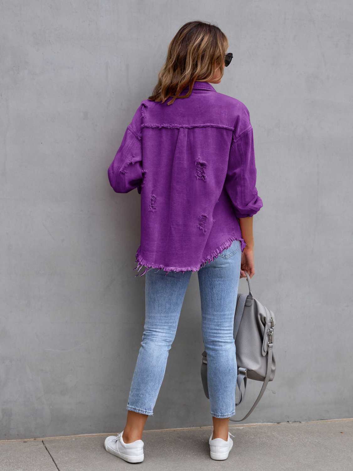 Distressed Drop Shoulder Denim Jacket | Denim Jackets Daverri Fashions
