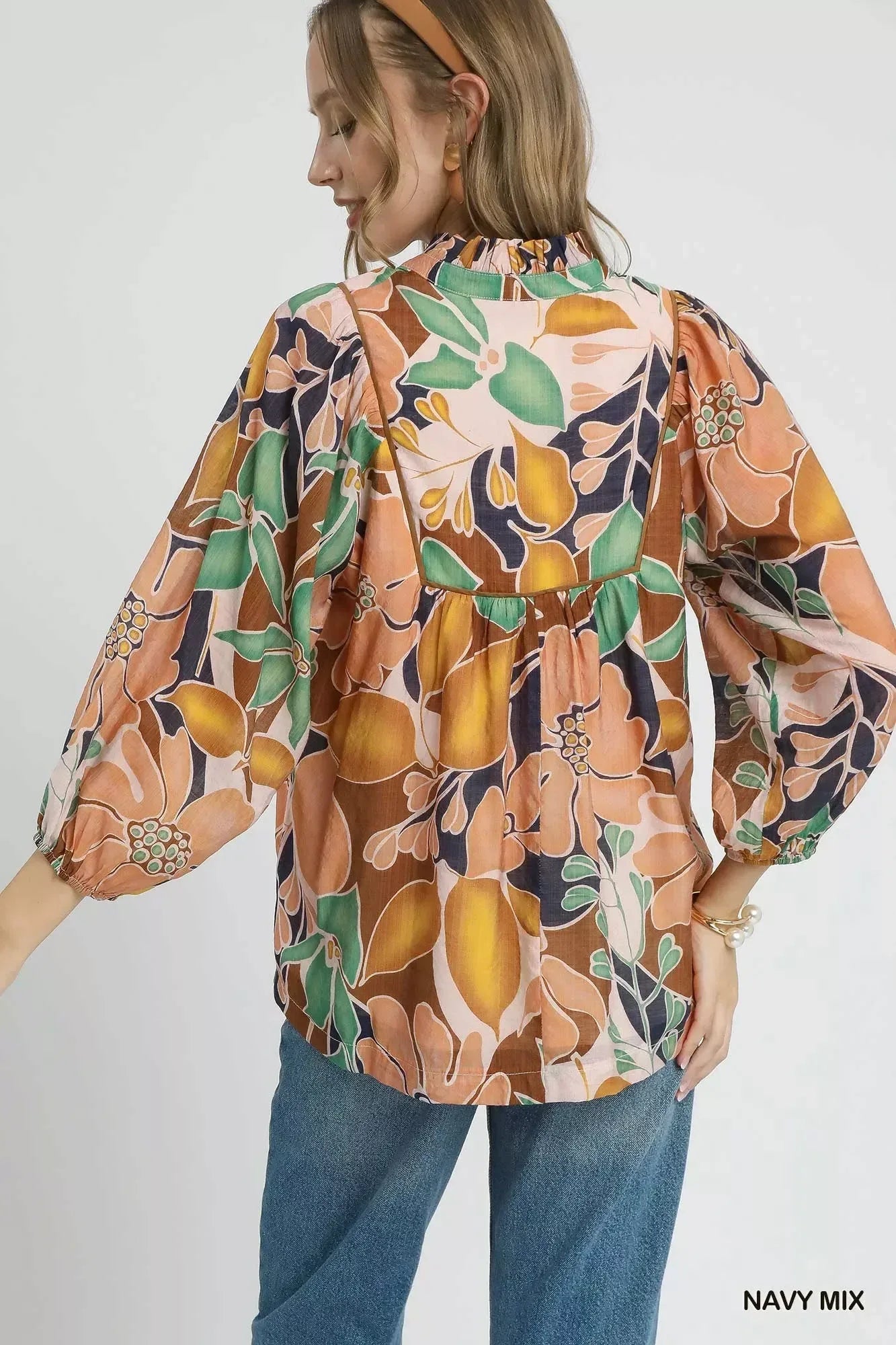 Umgee Multicolor Abstract Floral Print Blouse with Ruffle Neck - DAVERRI FASHIONS