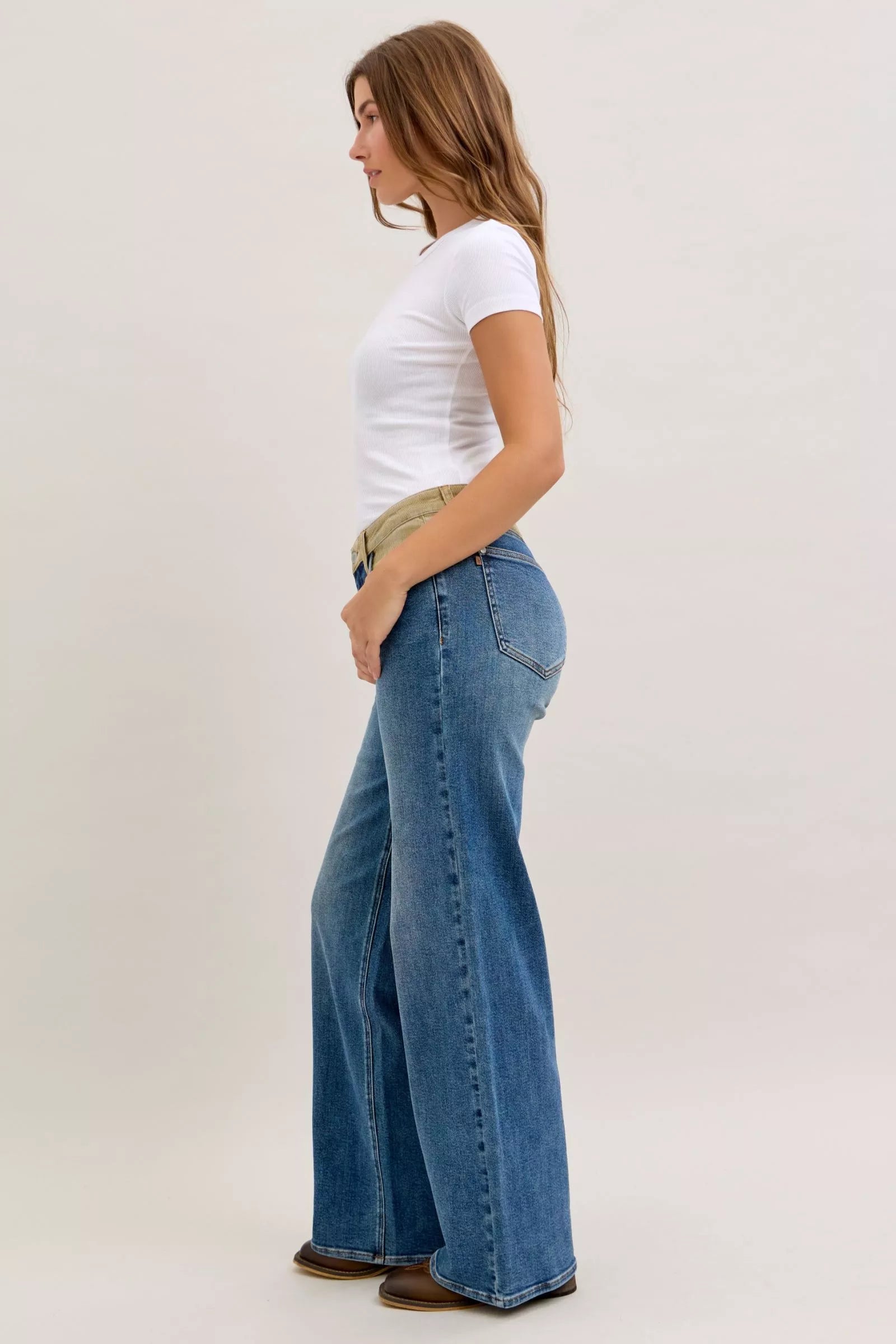 Judy Blue mid-rise wide-leg jeans with corduroy waist and light wash