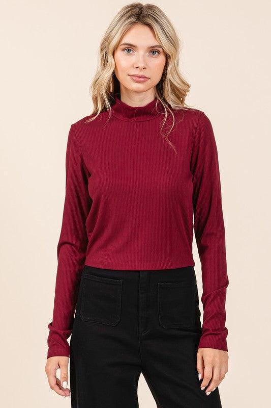 Mittoshop Mock Neck Rib Knit Long Sleeve Crop Top - DAVERRI FASHIONS