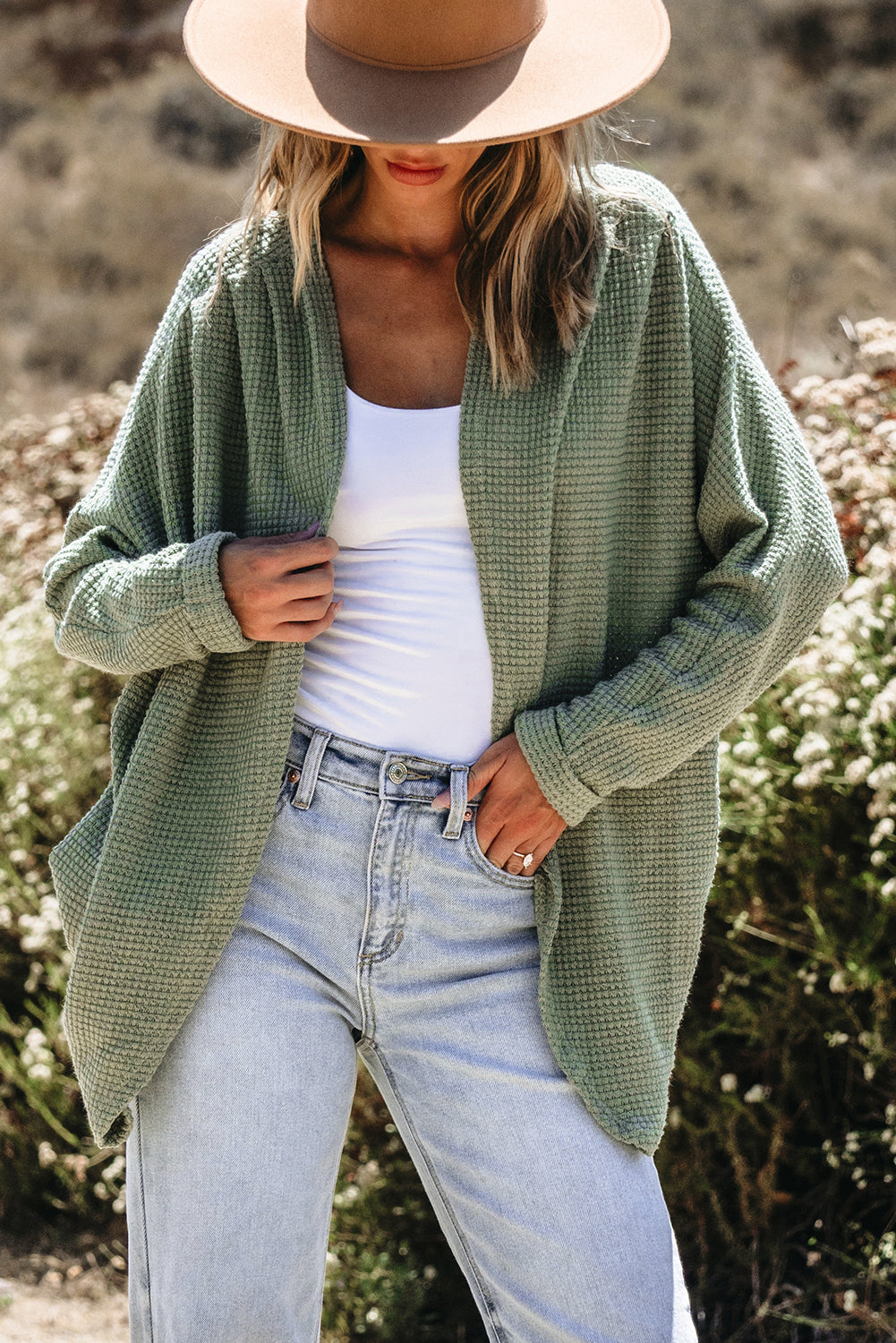 Laurel Green Waffle Knit Open Front Cardigan | Cardigans Daverri Fashions