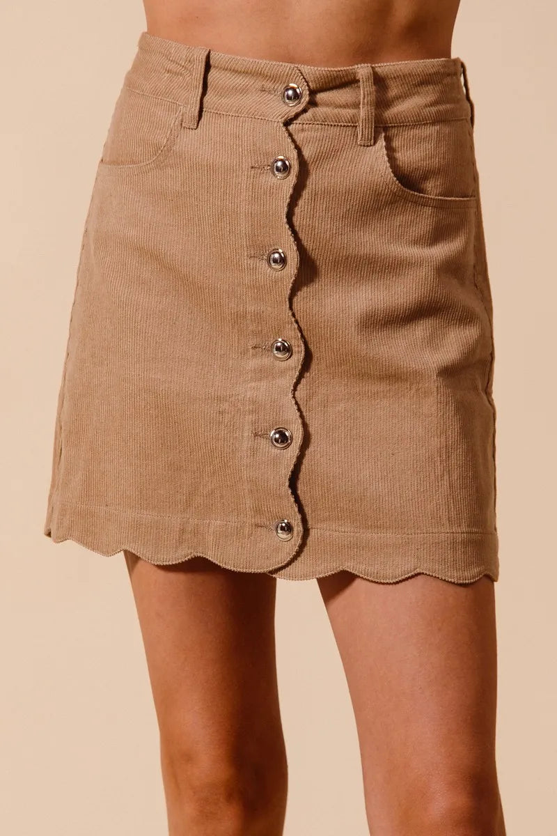 SO ME Scallop Buttoned Front Corduroy Mini Skirt TAUPE Skirts