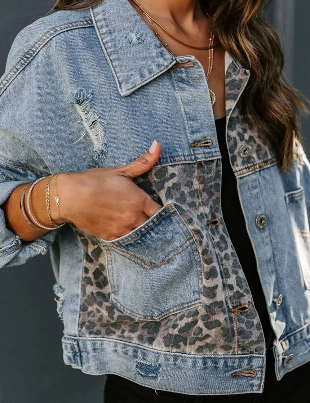Distressed Leopard Drop Shoulder Denim Jacket | Denim Jackets Daverri Fashions