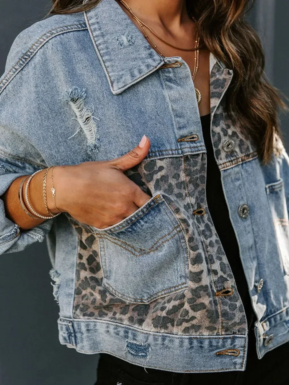 Distressed Leopard Drop Shoulder Denim Jacket - DAVERRI FASHIONS