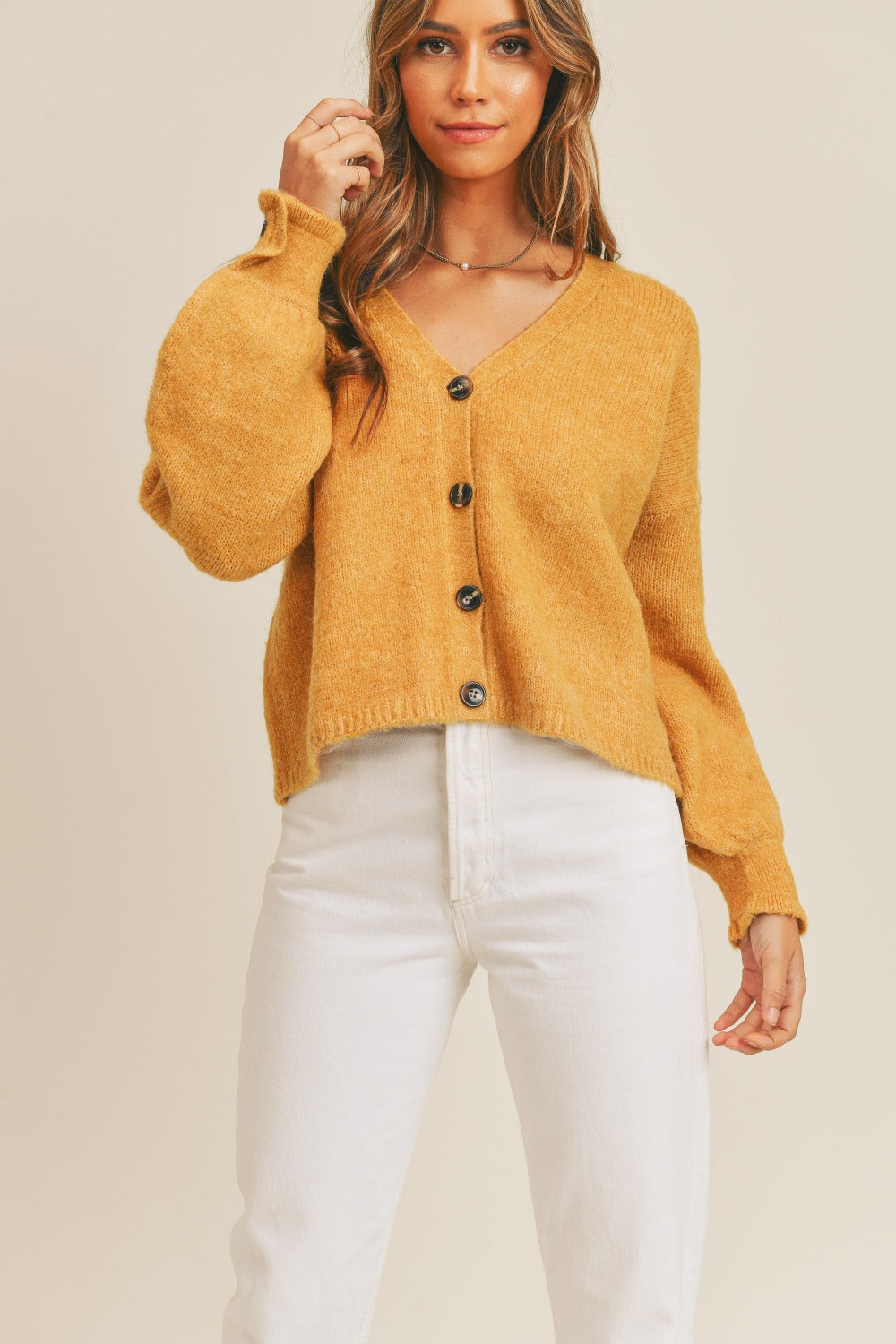 Long Sleeve Button Down Sweater Cardigan Mustard M L Tops