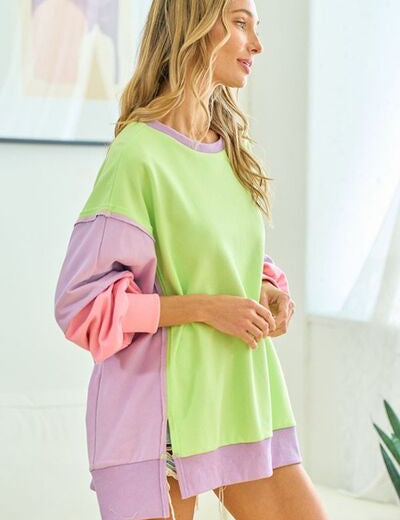 First Love Color Block Long Sleeve Slit Sweatshirt Tops