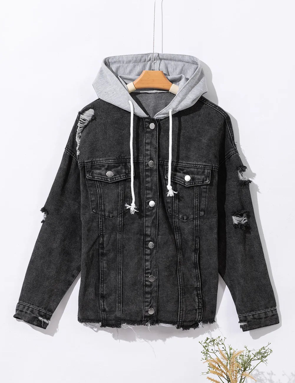 Distressed Drawstring Long Sleeve Hooded Denim Jacket | Denim Jackets Daverri Fashions