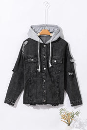 Distressed Drawstring Long Sleeve Hooded Denim Jacket | Denim Jackets Daverri Fashions