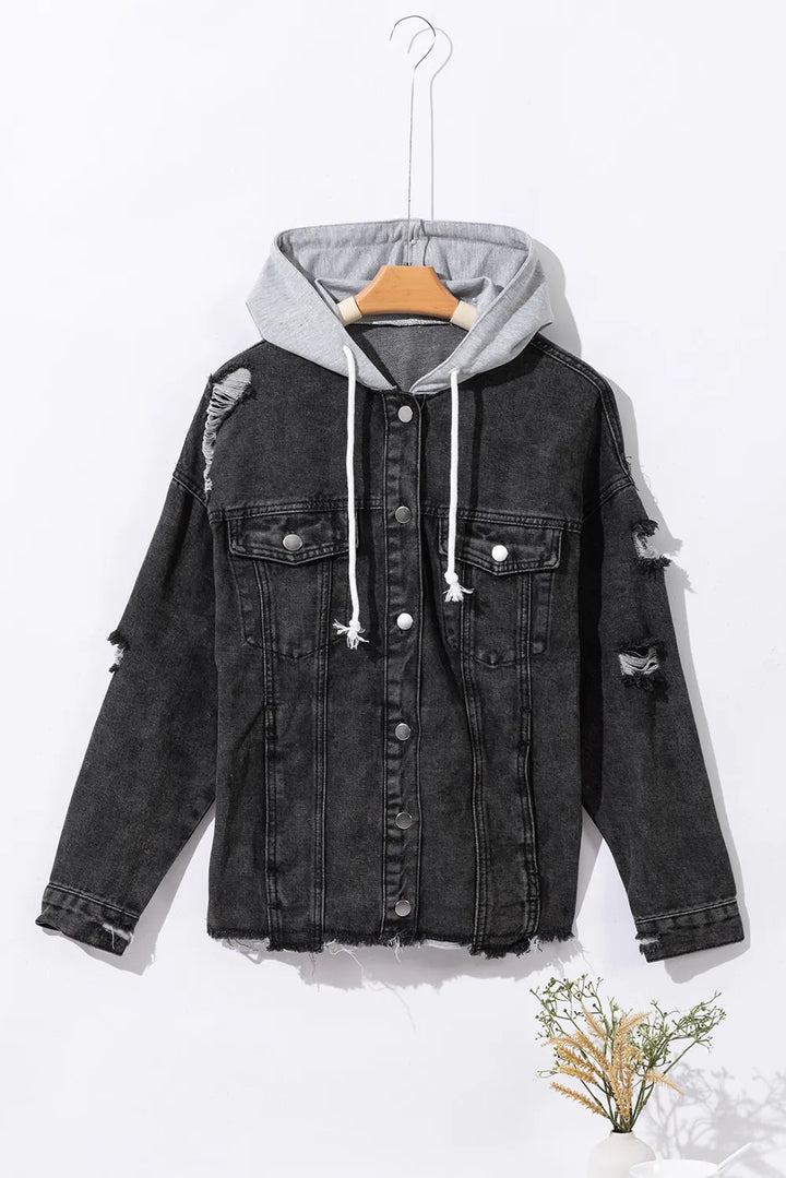 Distressed Drawstring Long Sleeve Hooded Denim Jacket | Denim Jackets Daverri Fashions