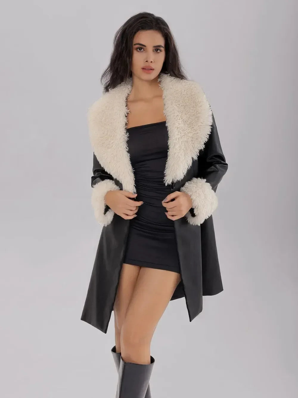 Fuzzy Long Sleeve Longline Coat - DAVERRI FASHIONS